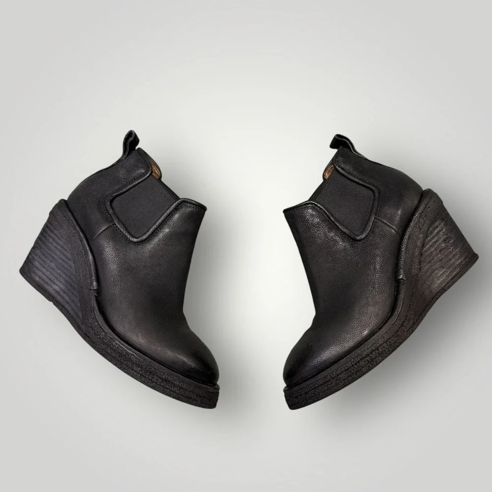 AS98  Talen Black Leather‎ Wedge Ankle Boots Chelsea Pull On Platform Womens 37